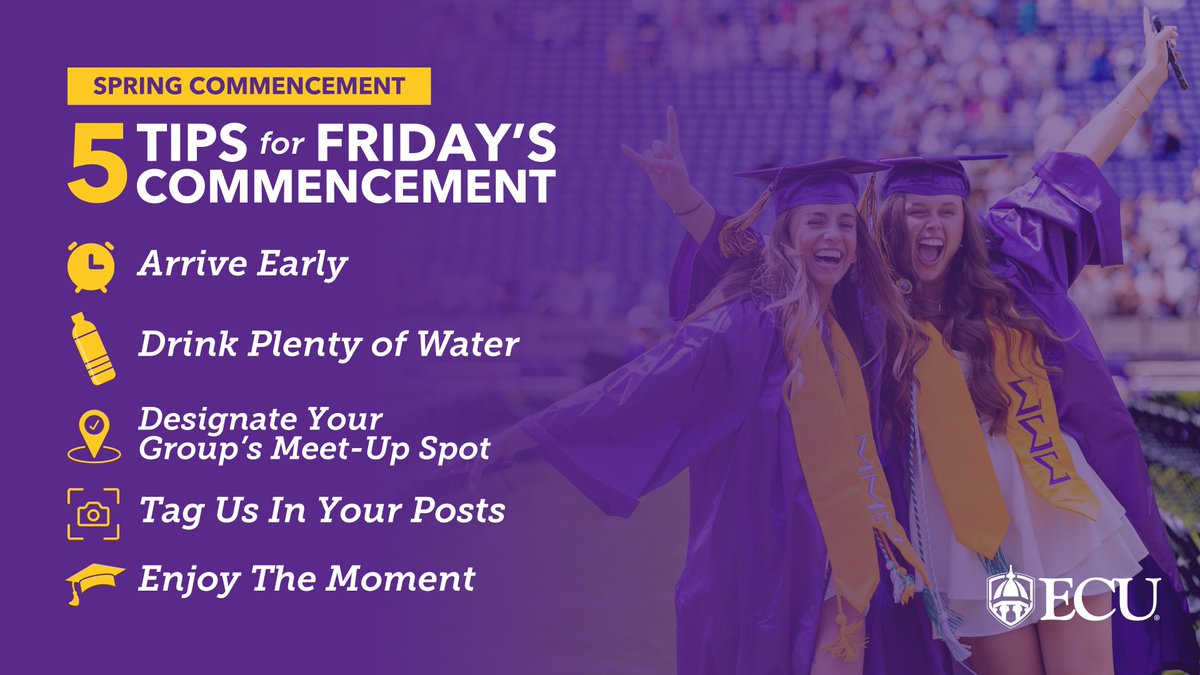 As you prepare for Friday's commencement ceremony, here #ARRRGH five tips to help you celebrate! ✅

Reminder: The National Weather Service forecasts a chance of rain during the ceremony at 10 a.m. Friday at Dowdy-Ficklen Stadium.

☂️ Guests are permitted to bring small