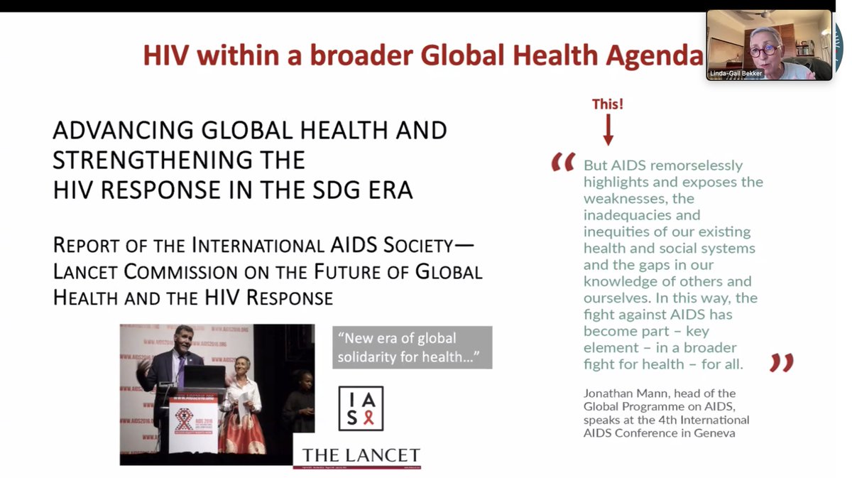 Always learn so much from <a href="/LindaGailBekker/">Linda-Gail Bekker</a> of <a href="/DTHF_SA/">Desmond Tutu Health Foundation</a> 👏🏾. Her reflections on 40 years of South Africa’s HIV response during tonight’s <a href="/Bhekisisa_MG/">Bhekisisa</a> &amp; <a href="/SAHIVSoc/">Southern African HIV Clinicians Society (SAHCS)</a> webinar were powerful and thought-provoking.