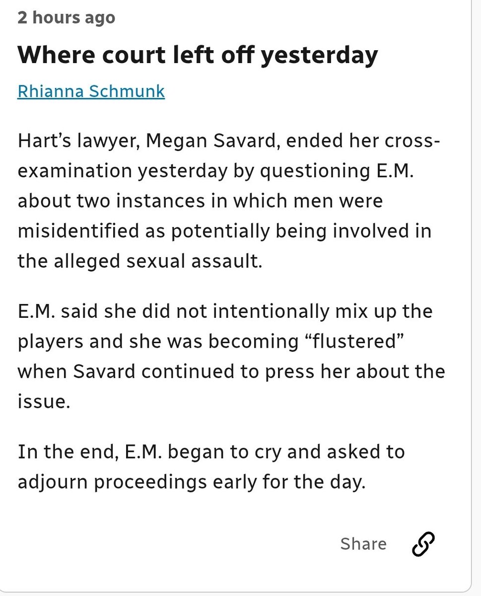 Unsure why this prosecution continues against Carter Hart. According to E.M's own admissions, she outwardly appeared consenting, adopted the persona of a porn star, misidentified players in the room, and accepted the possibility she was the one offering sexual acts.