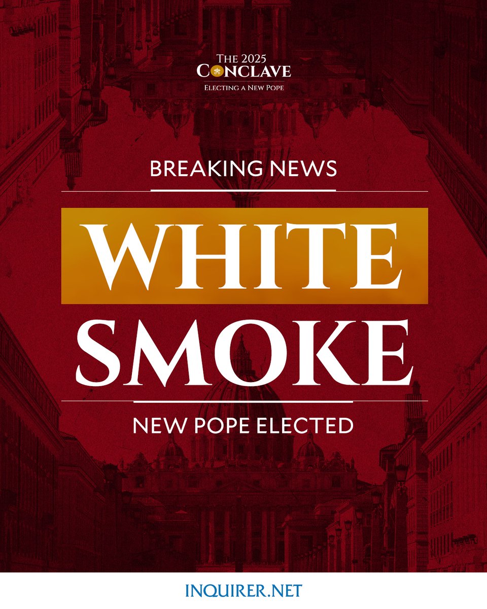 inquirerdotnet's tweet photo. WE HAVE A NEW POPE! 🙏🏼

BREAKING: White smoke rises from the chimney of the Sistine Chapel, signaling that the Vatican conclave has chosen the next leader of the Roman Catholic world. | @dnvrdelrosario 

•⁠ Follow live updates on the #Conclave: https://t.co/v7XlpwYdKR https://t.co/dmIkgMvk5R
