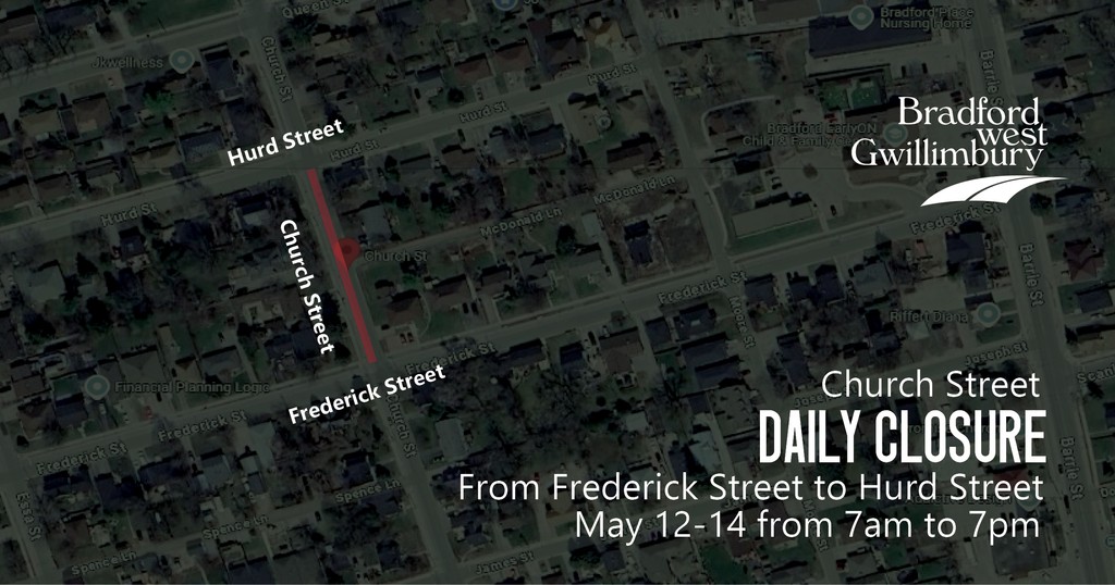 🚧 Temporary Road Closure 🚧

Please be advised that Church Street, between Hurd Street and Frederick Street, will be closed daily from 7:00 am to 7:00 pm from May 12 to May 14.

Learn more at townofbwg.com/news