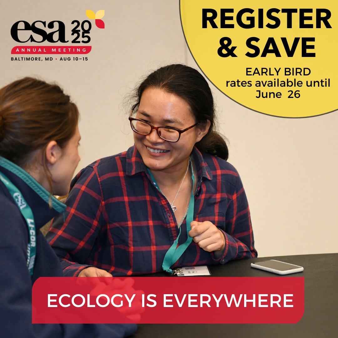 Registration now open! We're excited to bring so much ecological science to Baltimore, plus all the professional development, networking &amp; collaboration that makes #ESA2025 so impactful.

Early-bird, single-day, student &amp; other special rates available!

esa.org/baltimore2025/…
