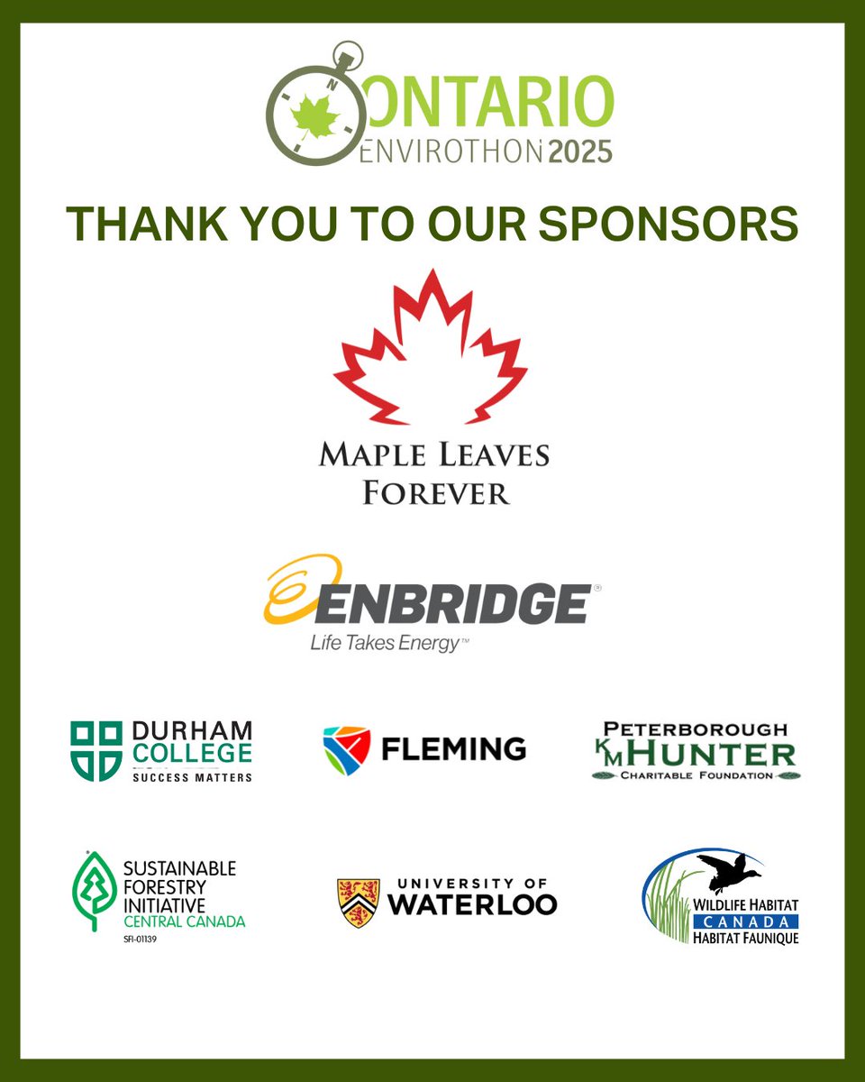 Forests Canada (@forestscanada) on Twitter photo We wanted to give a big shout-out to this year's Ontario Envirothon Sponsors. Thank you to <a href="/MLeavesForever/">Maple Leaves Forever</a>, <a href="/Enbridge/">Enbridge</a>, <a href="/durhamcollege/">Durham College</a>, <a href="/FlemingCollege/">Fleming College</a>, Peterborough K. M. Hunter Charitable Foundation, Central Canada SFI Implementation Committee, <a href="/envwaterloo/">Waterloo Environment</a>, and <a href="/WildlifeHCanada/">Wildlife Habitat Canada</a> We wanted to give a big shout-out to this year's Ontario Envirothon Sponsors. Thank you to <a href="/MLeavesForever/">Maple Leaves Forever</a>, <a href="/Enbridge/">Enbridge</a>, <a href="/durhamcollege/">Durham College</a>, <a href="/FlemingCollege/">Fleming College</a>, Peterborough K. M. Hunter Charitable Foundation, Central Canada SFI Implementation Committee, <a href="/envwaterloo/">Waterloo Environment</a>, and <a href="/WildlifeHCanada/">Wildlife Habitat Canada</a>