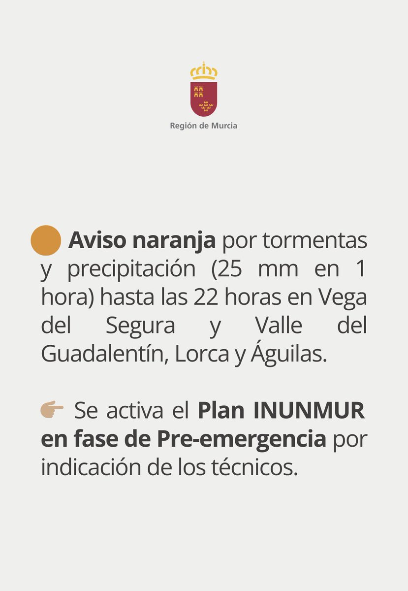 🟠 Aviso naranja por tormentas y precipitación (25 mm en 1 hora) hasta las 22 horas en Vega del Segura y Valle del Guadlentín, Lorca y Águilas.

👉🏽 Se activa el Plan INUNMUR en fase de Pre-emergencia por indicación de los técnicos.