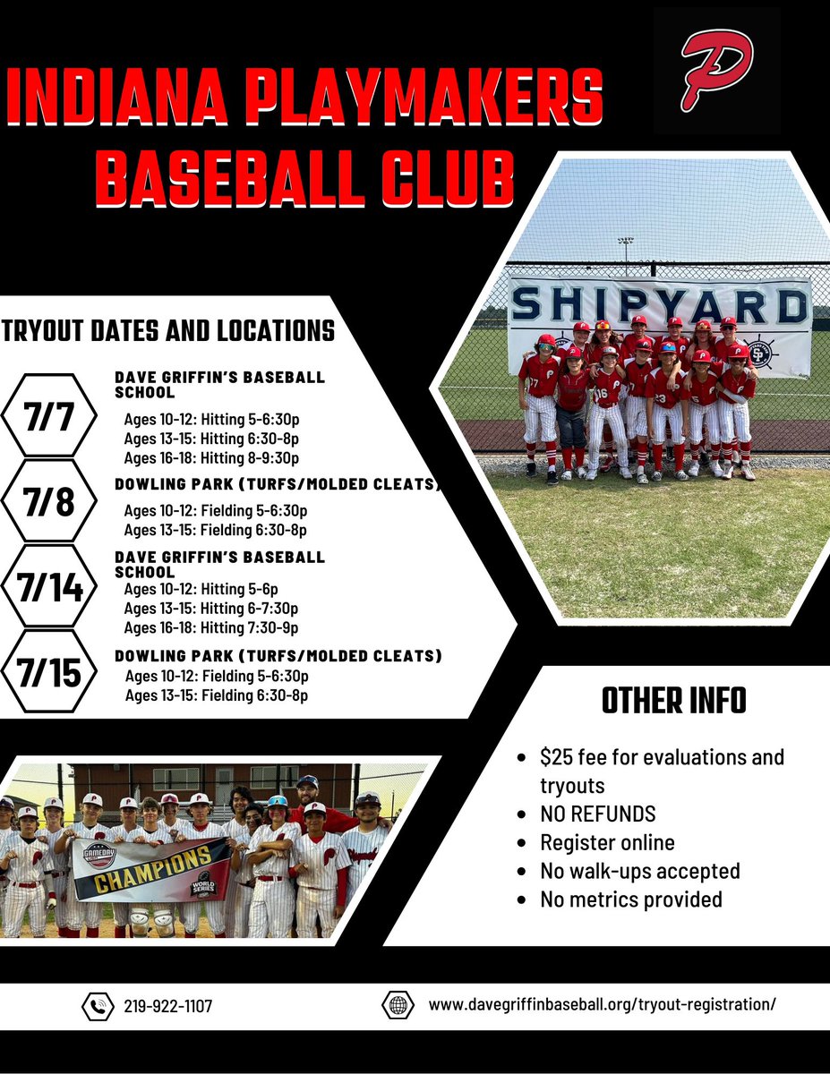 Indiana Playmakers Baseball Tryouts!
Information pertaining to our tryouts for the 2025/2026 baseball season is below.  Sign up at davegriffinbaseball.org/tryout-registr…