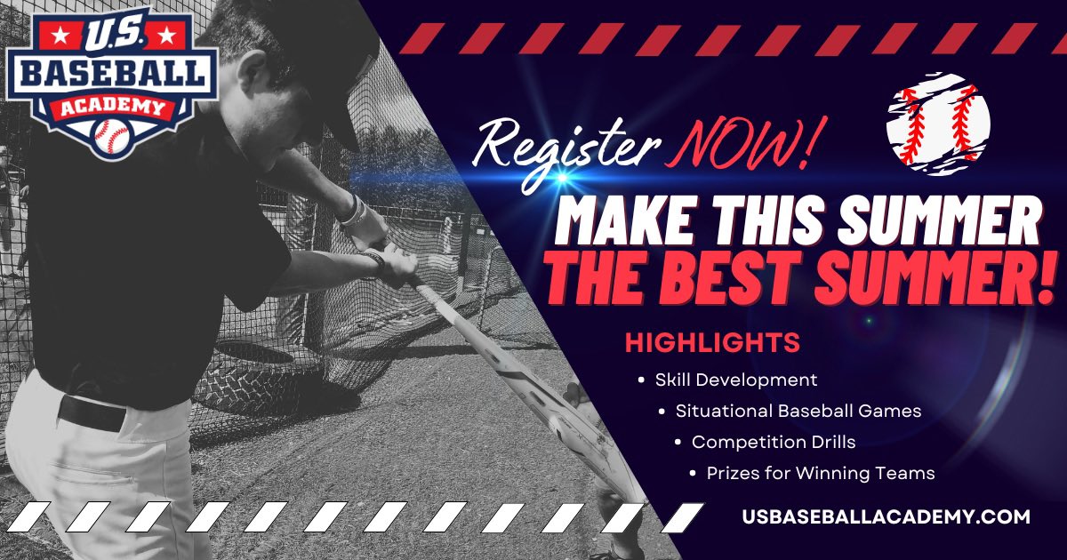 DGB Summer Camp!
Dates: June 16-19 (Monday-Thursday)
Time: 9:00AM-3:00PM (Check in 8:40 A.M, Lunch Not Provided but time is given for it)
Ages: 7 years old- 14 years old
Skills: All aspects of Baseball
Link to Register: app.usbaseballacademy.com/camps/summer-c…