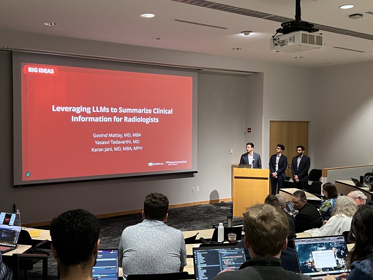 Govind Mattay, MD, MBA (@govindmattay) on Twitter photo We won the Wash U Big Ideas Competition to test our AI tool that summarizes clinical histories for radiologists!
I had a blast building this with <a href="/Karan__Jani/">Karan Jani</a> and <a href="/YTadavarthi/">Yasasvi Tadavarthi</a>. Thankful for our mentors <a href="/AMdmph/">Andy Bierhals, MD, MPH, FACR</a> <a href="/nupedogg/">Anup Shetty</a> <a href="/StancilG/">Glen Stancil, Jr</a> , <a href="/vnarra01/">Vamsi Narra</a>. <a href="/WashUMedMIR/">WashU Medicine Mallinckrodt Institute of Radiology</a> <a href="/PamelaWoodardp/">Pamela Woodard, MD</a> We won the Wash U Big Ideas Competition to test our AI tool that summarizes clinical histories for radiologists!
I had a blast building this with <a href="/Karan__Jani/">Karan Jani</a> and <a href="/YTadavarthi/">Yasasvi Tadavarthi</a>. Thankful for our mentors <a href="/AMdmph/">Andy Bierhals, MD, MPH, FACR</a> <a href="/nupedogg/">Anup Shetty</a> <a href="/StancilG/">Glen Stancil, Jr</a> , <a href="/vnarra01/">Vamsi Narra</a>. <a href="/WashUMedMIR/">WashU Medicine Mallinckrodt Institute of Radiology</a> <a href="/PamelaWoodardp/">Pamela Woodard, MD</a>