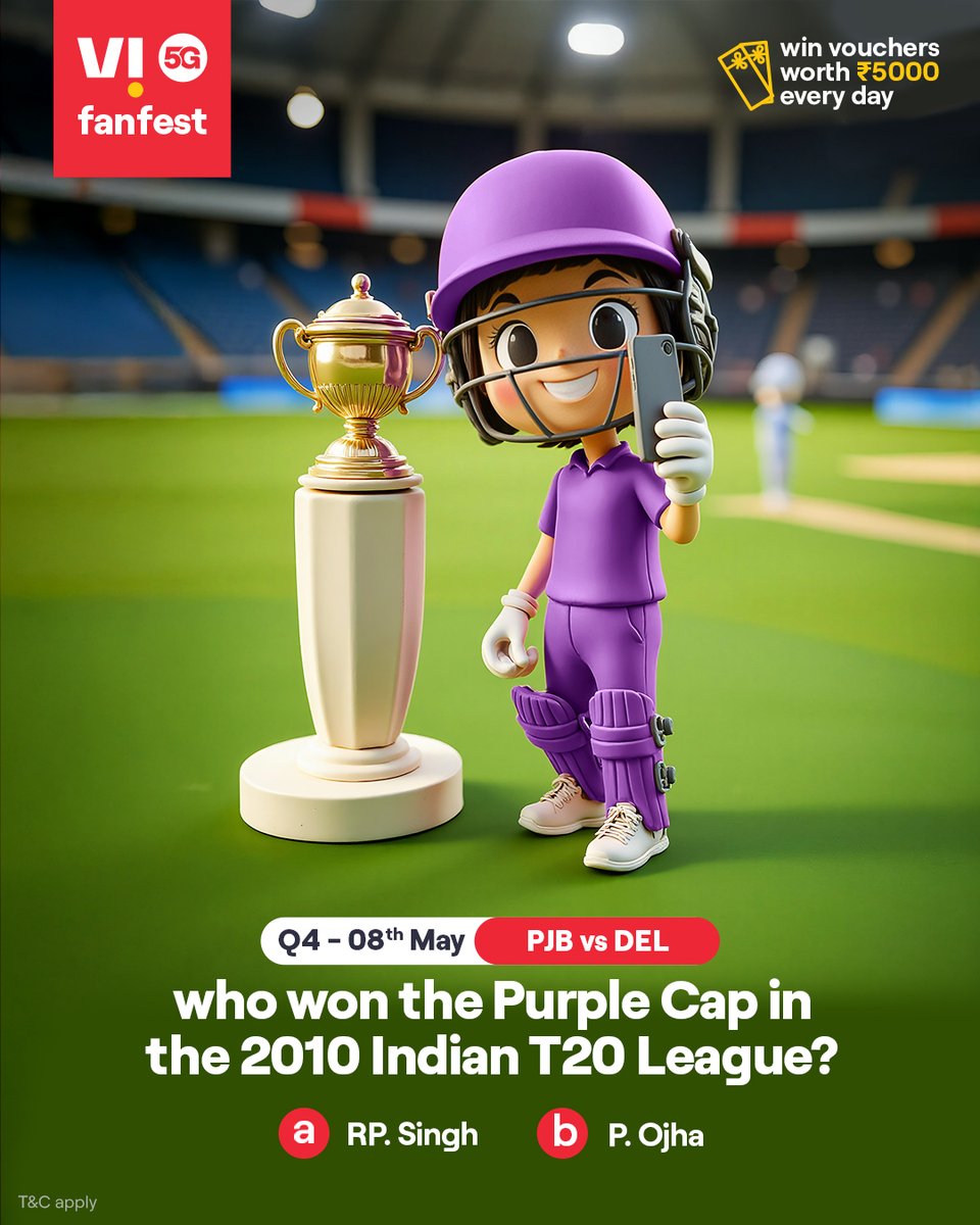 Cricky is testing your cricket IQ 🏏💡
Comment #Vi5Gfanfest with the right answers to all 5 questions today and stand a chance to win vouchers worth ₹5,000 🎟️✨🏆
.
.
#ChallengeAlert #WinPrizes #Quiz #ParticipateAndWin #PJBvsDEL #Punjab #Delhi