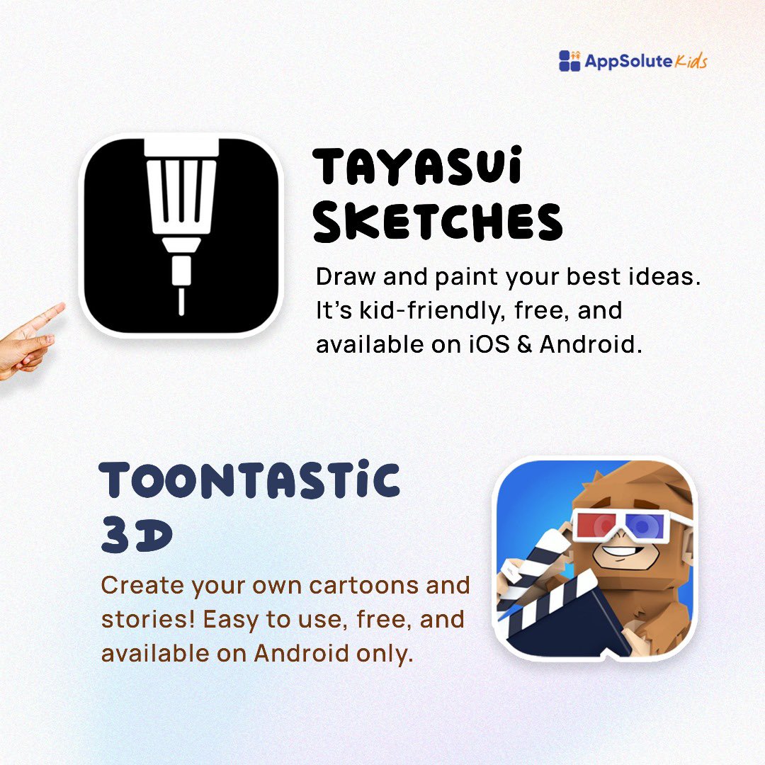 Appsolute_Kids's tweet image. Want to draw, make music, or tell stories? These fun apps help you bring your ideas to life! Which will you try first?
#techforkids #creativeapps #funwithtech #kidcreators #appsolutecreativity