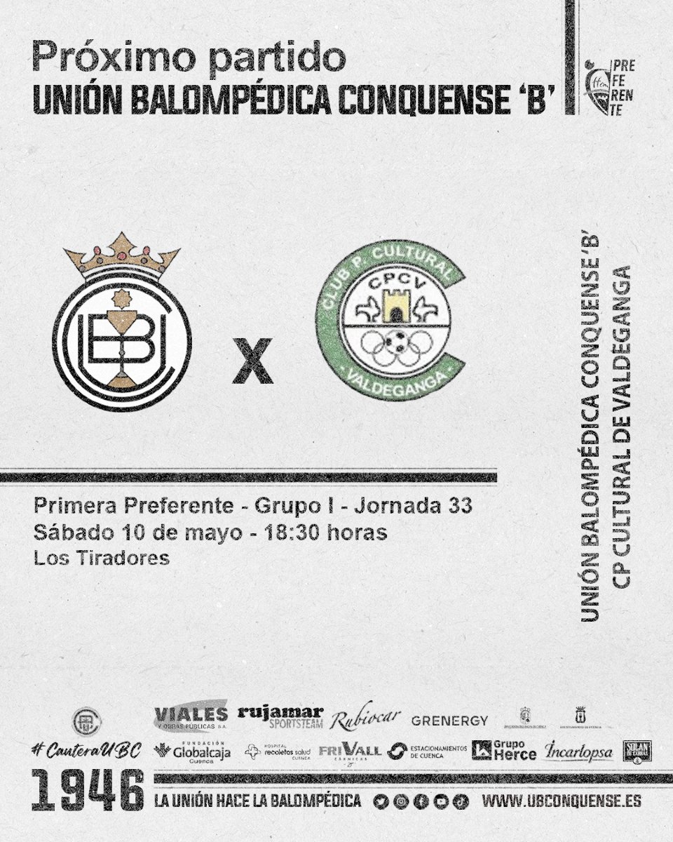 📢 #UBCFilial❗

¡Próximo partido de nuestro filial! 

🏆 #PreferenteCLM - Jornada 33
🗓️ Sábado 10 de mayo
 ⏰ 18:30h
🏟️Los Tiradores
🆚 CD Cultural de Valdeganga

¡Vamos! ⚪⚫ #CanteraUBC