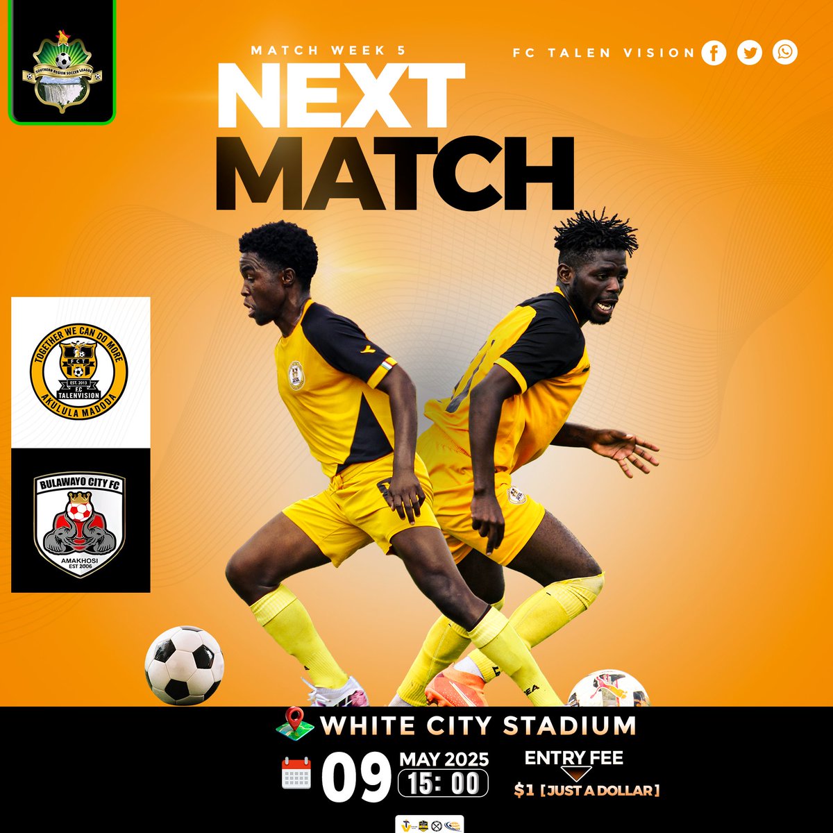 OfficialTalenVi's tweet photo. π₯ Match Week 5 Incoming!
Weβre back at White City Stadium this Friday!
π Bulawayo City FC
π
09 May 2025
π 15:00 HRS
π΅ Entry: Just $1
Letβs pack the stands and rally behind the boys in gold! ππ€
#TalenVision #OneVision #MatchDay #SupportLocalFootball https://t.co/iIkphyii6J