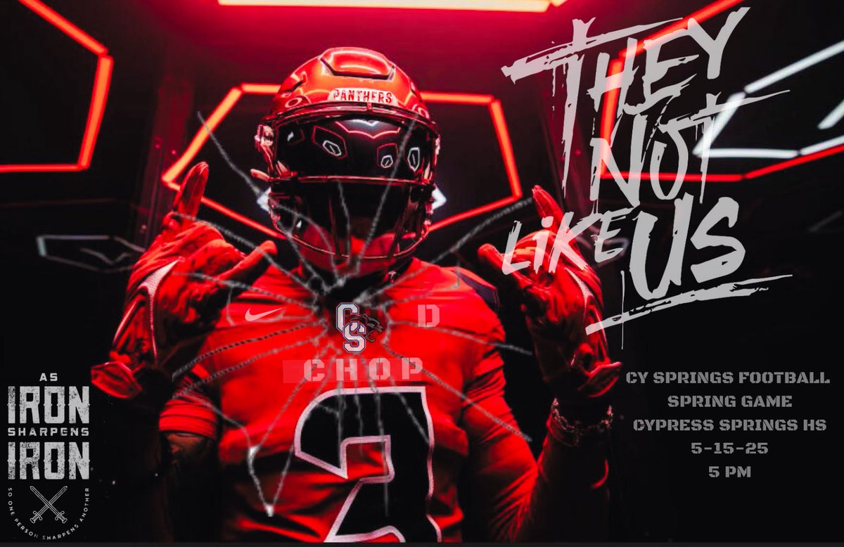 Cypress Springs Football (@cshspanthersfb) on Twitter photo We’re ONE WEEK OUT from our Spring Game!
Join us May 15th at Cypress Springs HS—kickoff at 5 PM. Food trucks & tailgating activities will be rockin’ in the parking lot.
📍 - <a href="/CySpringsHS/">Cypress Springs HS</a>
⏰- 5 PM
#CHOP 🪓 We’re ONE WEEK OUT from our Spring Game!
Join us May 15th at Cypress Springs HS—kickoff at 5 PM. Food trucks & tailgating activities will be rockin’ in the parking lot.
📍 - <a href="/CySpringsHS/">Cypress Springs HS</a>
⏰- 5 PM
#CHOP 🪓