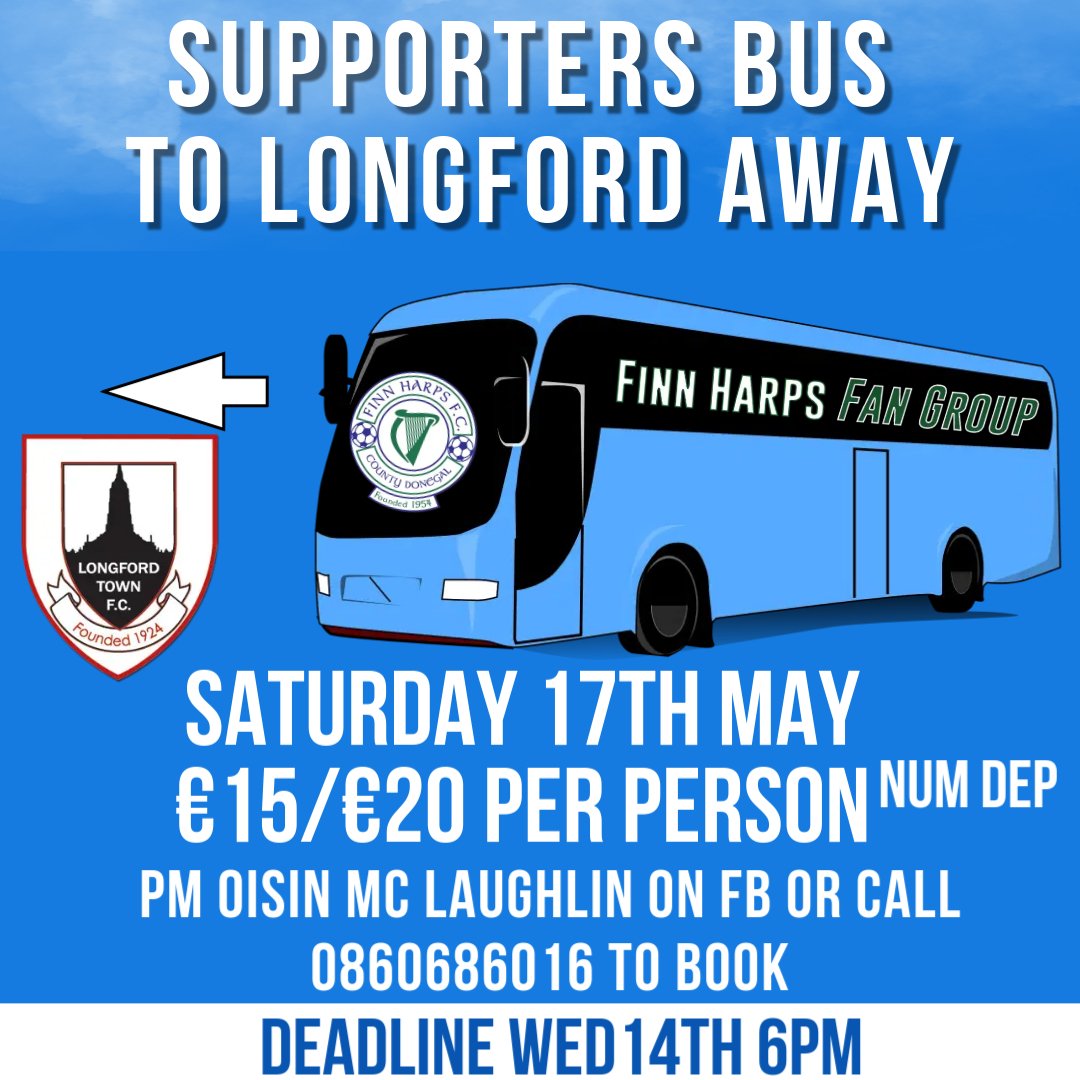 djoisbosh's tweet image. Details on the supporters bus to Longford on Saturday 17th May⬇️ 

Leaving LK (Dry Arch) 3pm, FP 3:20pm.
Cost €20/25 per person (numbers depending)

PM Oisin McLaughlin to book a space on the bus or text 0860686016!

Names to be in by Wed 14th at 6pm.

#UTH🔵⚪️