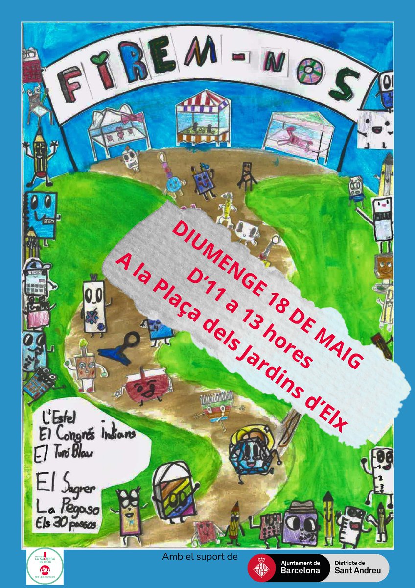 FIREM-NOS! 

📅 Diumenge 18 de maig
🕚 D’11 h a 13 h
📍 Plaça dels Jardins d’Elx

Vine a gaudir d’un matí ple d’activitats, paradetes i molta diversió amb les escoles del barri! 

👧👦 Participen:

L’Estel, El Congrés Indians, El Turó Blau, El Sagrer, La Pegaso, Els 30 Passos