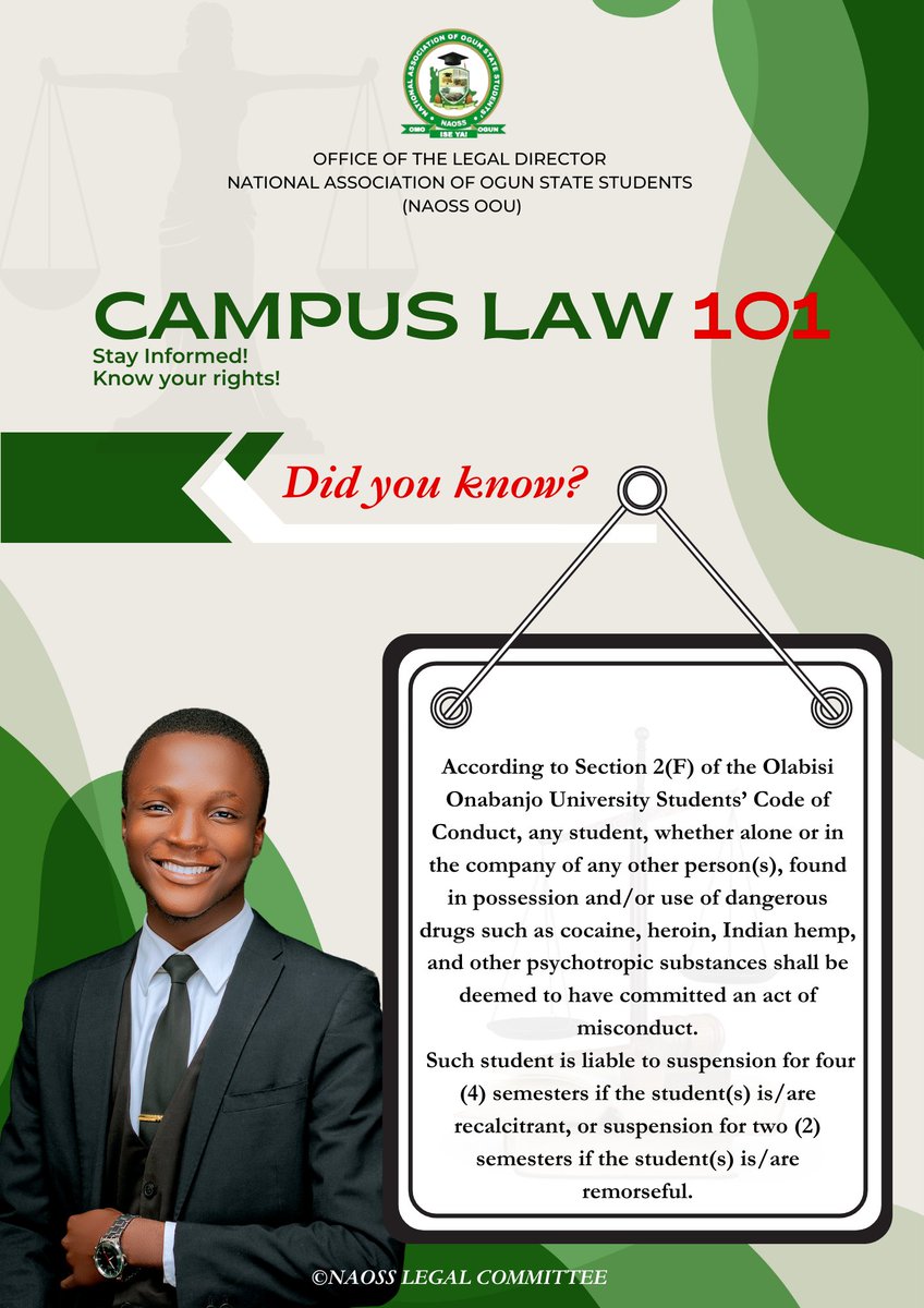 Drug use is not just illegal.
it’s a serious breach of our OOU Students Code of Conduct. 

Don’t risk your future over a moment’s decision. Suspension is real, and so are the consequences.

Stay tuned for more legal insights!💥