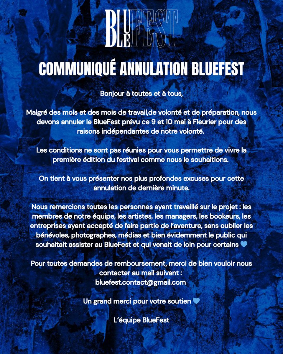 Le BlueFest prévu pour ce vendredi et samedi 9 et 10 mai est annulé. 

Nous sommes profondément navrés de ne pas pouvoir vous proposer ce festival qui nous tenait profondément à cœur. 

Merci  à tous ceux qui nous ont fait confiance 💙

L’équipe BlueFest