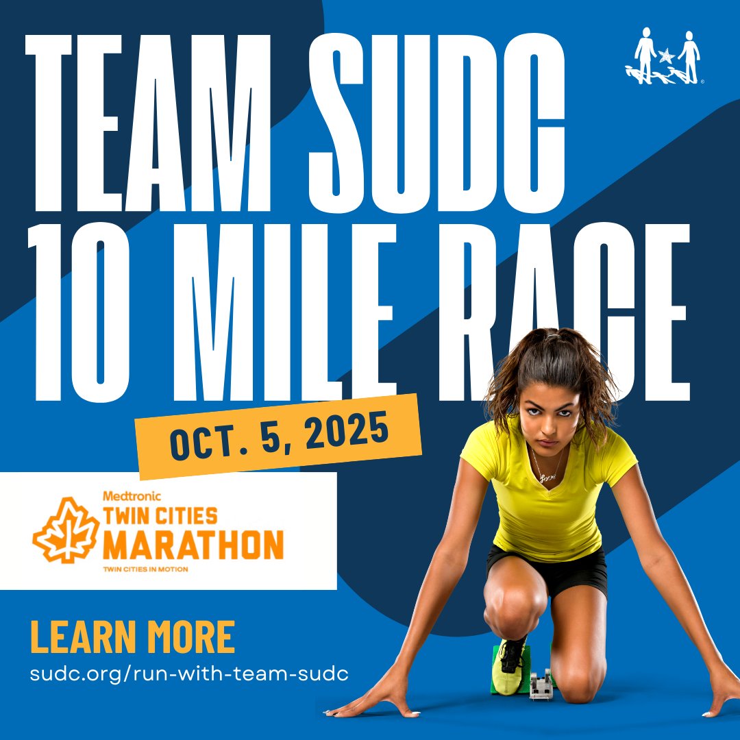 We’re thrilled to share that #theSUDCFoundation is officially a Charity Partner for the #TwinCitiesMarathon Weekend. While the 10 Mile race is officially sold out, you can still be part of the action by running with #TEAMSUDC
Click here to sign up! sudc.org/twin-cities-ma…