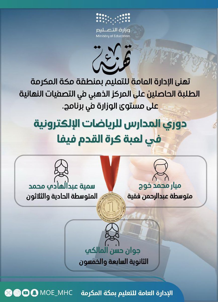 تهنئة | 

#تعليم_مكة المكرمة تهنىء الطلبة الحاصلين على المركز الذهبي في التصفيات النهائية على مستوى الوزارة في برنامج دوري المدارس للرياضيات الإلكترونية في لعبة كرة القدم " فيفا".