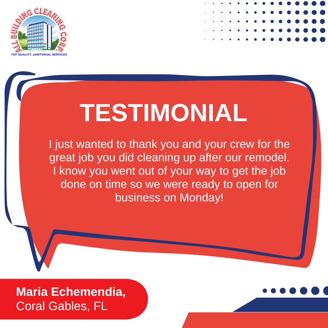 We appreciate you taking the time to share your rating with us.

Revitalize Your Office Environment – Book Our Services! (305) 596-6485

#review #feedback #testimonycustomer #customerfeedback #customerreview #testimonial #testimony #testimonials 

allbuildingcleaningcorp.com