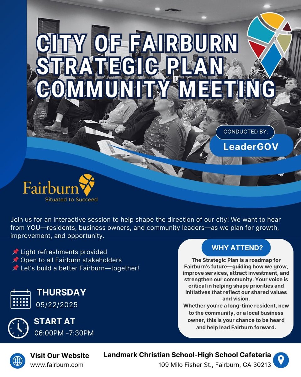 Join us for the Fairburn Strategic Plan Meeting! 📅 May 22, 🕕 6-7:30 PM at Landmark Christian School. Share your ideas! Register: tinyurl.com/StrategicPlanC…