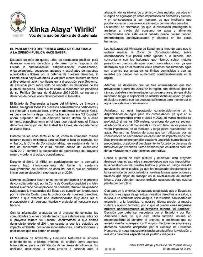 El Pueblo Xinka niega el consentimiento al derecho minero El Escobal

La Consulta Comunitaria sobre el derecho minero exige que se respete la decisión sobre el derecho a la libre determinación y defensa de su territorio, frente a los impactos culturales, ambientales y