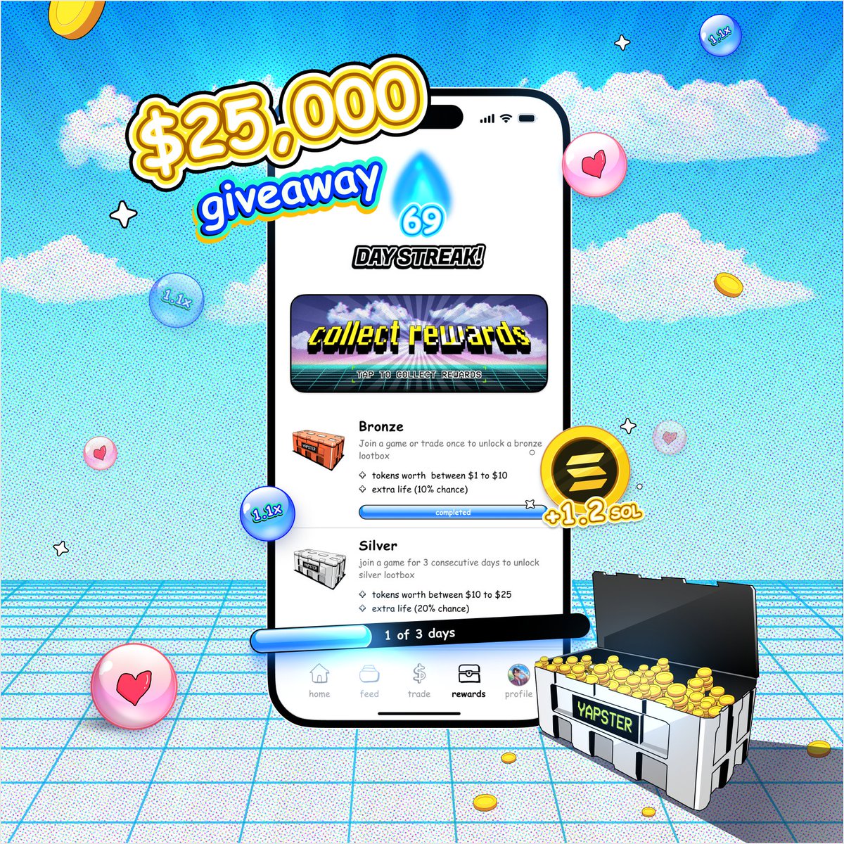 Yapster rewards are back

and we’re giving away $25,000 over the next 30 days

here’s what you have to do:
· keep your daily streak alive
· higher streak = rarer lootbox
· rarer lootbox = better rewards

it's free to play. it's daily. it's time to lock-in.
