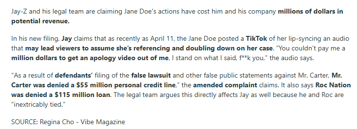MusicSuiteC's tweet photo. (Vibe) - JAY-Z Claims Roc Nation Was Denied A $115 Million Line Of Credit Due To Rape Accuser’s Statements

#JayZ   #JaneDoe  #TikTok  #revenue  #money  #RocNation  #LineofCredit  #finances  #loan  #personalfinance  #lawsuit 

https://t.co/qavw4rC3yX https://t.co/W2SMhJZyZL