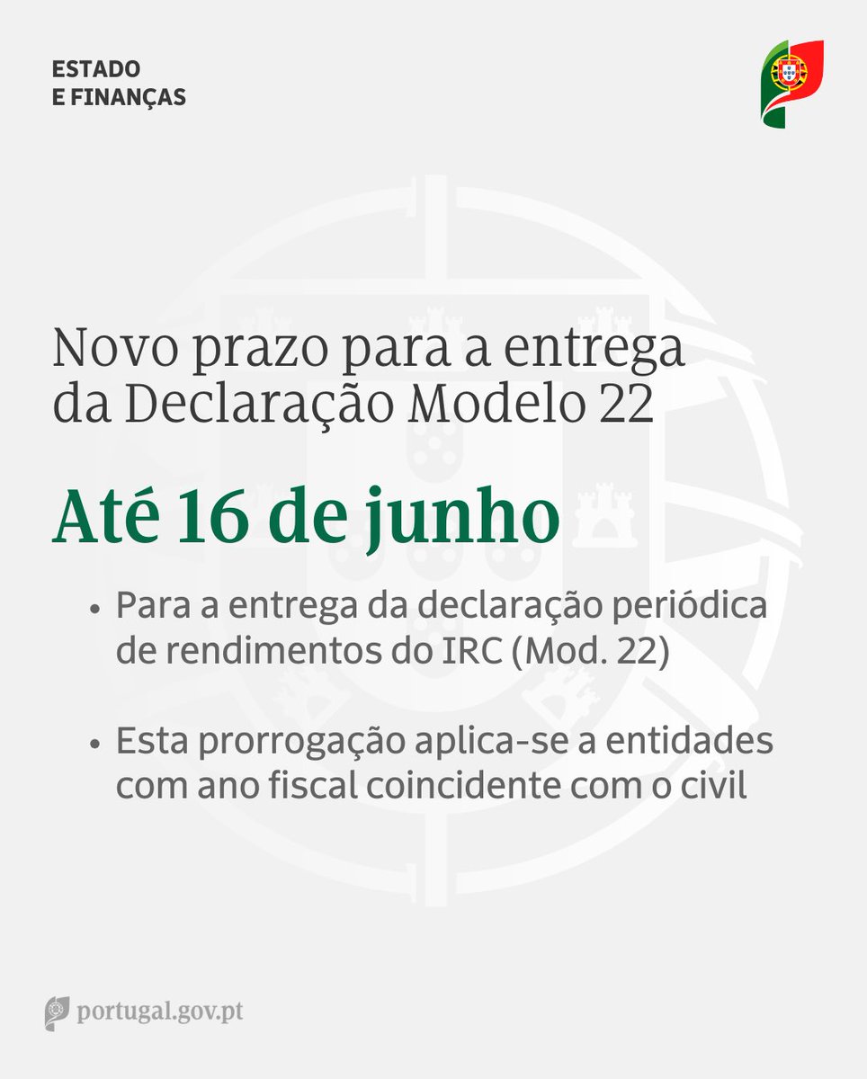 A primeira prestação ou a prestação única do IMI pode ser paga até 30 de junho. A declaração de rendimentos do IRC (Mod. 22) pode ser entregue até 16 de junho.
Saiba mais em portugal.gov.pt