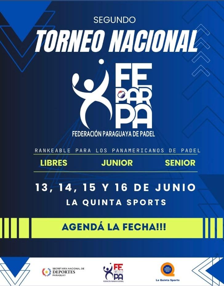 feparpa_oficial's tweet photo. Agenden fecha‼️

Se viene el Segundo Torneo Nacional #FEPARPA para las Categorías Libres, Junior y Senior💥

La cita será rankeable para los Campeonatos Panamericanos🔝✅

Nos vemos en La Quinta Sports😎

#padeljuniorpy #padelseniorpy #padelamateurpy https://t.co/6QesO3z4Fw