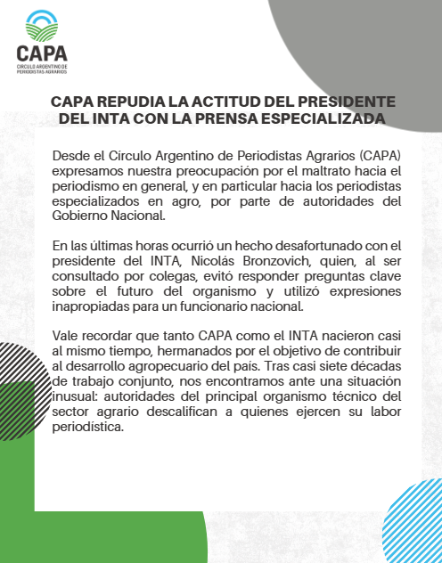 AgroPeriodistas's tweet image. El Círculo Argentino de Periodistas Agrarios repudia el destrato del presidente del #INTA a la prensa especializada