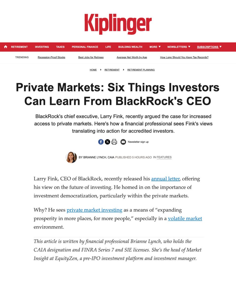 What's the future of investing? According to <a href="/BlackRock/">BlackRock</a> CEO Larry Fink the future of wealth creation is in the #PrivateMarkets. 

Get the six key insights on private market investing from <a href="/EquityZen/">EquityZen</a>'s  <a href="/brilynch_/">Brianne Lynch</a> featured in <a href="/Kiplinger/">Kiplinger</a>.

👉 hubs.la/Q03lF3bn0