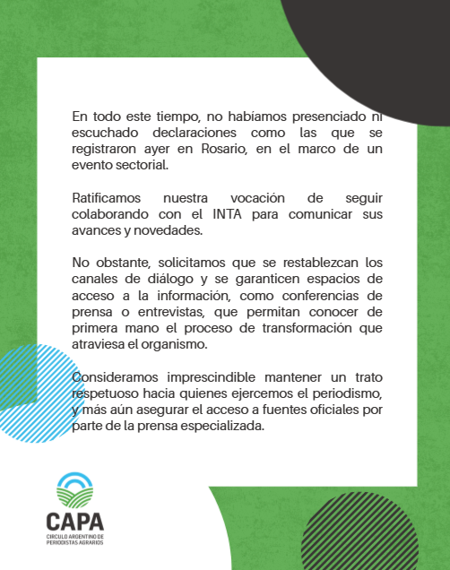 AgroPeriodistas's tweet image. El Círculo Argentino de Periodistas Agrarios repudia el destrato del presidente del #INTA a la prensa especializada