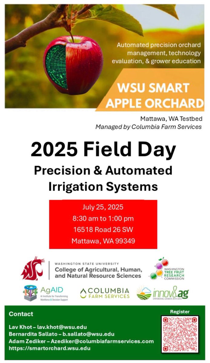 🚨Save the Date! 
🍎Smart Apple Orchard Field Day 1: Precision &amp; Automated Irrigation Systems 💧🌱
📅 July 25 | 8:30am–1:00pm PST
📍16518 Road 26 SW, Mattawa, WA
🔧 Discover irrigation tech boosting yields &amp; sustainability
👉 Register: smartorchard.wsu.edu
#AgTech #PrecisionAg