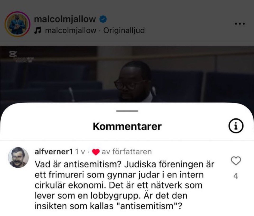 Så Lorena Delgado Varas kastas ut ur riksdagsgruppen men Malcolm Momodou Jallow får vara kvar och dessutom behålla ordförandeposten i Civilutskottet? 

Även han har återkommande spridit antisemitisk dynga. Och nu ertappats han göra det igen, genom att gilla ett inlägg som påstår