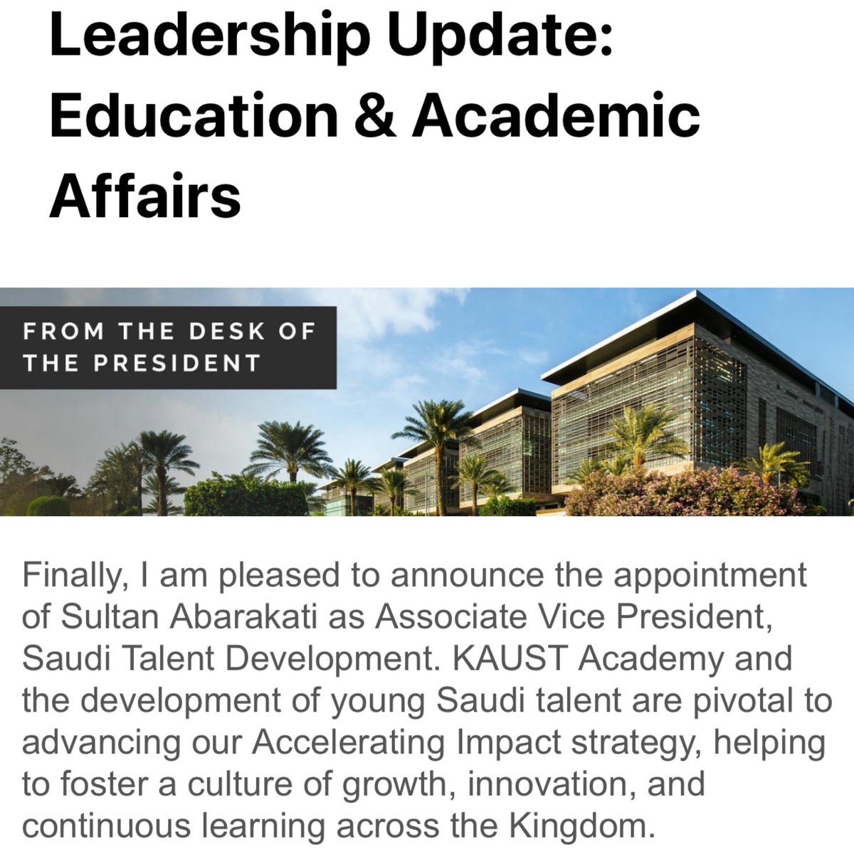 يتقدّم فريق أكاديمية كاوست بالتهنئة بروفيسور سلطان البركاتي  بمناسبة تعيينه نائبًا للرئيس المساعد لتطوير المواهب السعودية في كاوست.  نتمنى له دوام التوفيق والنجاح.  #KAUST #أكاديمية_كاوست