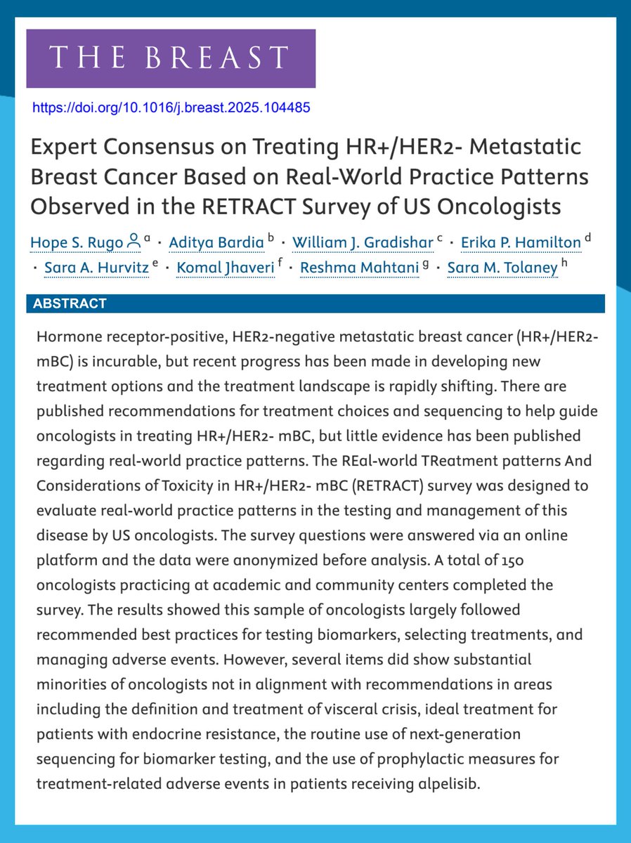 Dana-Farber’s Breast Oncology Center (@dfci_breastonc) on Twitter photo Hot off the Press in <a href="/TheBreastOnline/">The Breast Online</a> 👉Expert Consensus on Treating HR+/HER2- #MetastaticBreastCancer Based on Real-World Practice Patterns Observed in the RETRACT Survey of US Oncologists.
🔓doi.org/10.1016/j.brea…
✍️ <a href="/hoperugo/">Hope Rugo</a> <a href="/dradityabardia/">Aditya Bardia, MD</a> <a href="/DrWGradishar/">William Gradishar, MD</a>
<a href="/ErikaHamilton9/">Erika Hamilton, MD</a> Hot off the Press in <a href="/TheBreastOnline/">The Breast Online</a> 👉Expert Consensus on Treating HR+/HER2- #MetastaticBreastCancer Based on Real-World Practice Patterns Observed in the RETRACT Survey of US Oncologists.
🔓doi.org/10.1016/j.brea…
✍️ <a href="/hoperugo/">Hope Rugo</a> <a href="/dradityabardia/">Aditya Bardia, MD</a> <a href="/DrWGradishar/">William Gradishar, MD</a>
<a href="/ErikaHamilton9/">Erika Hamilton, MD</a>