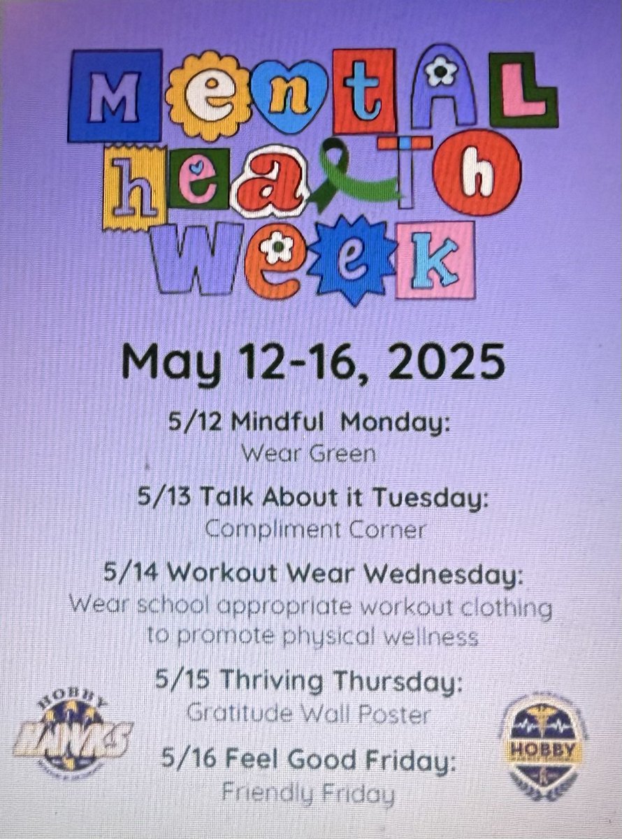 Hobby Counselors (@hobbycounselors) on Twitter photo Hawk Nation join us us next week for Mental Health Awareness
<a href="/NISDHobby/">William P Hobby</a> <a href="/HobbyMSPTA/">Hobby Middle School PTA</a> <a href="/NISDHobbyHealth/">@NISDHobbyHealth</a> Hawk Nation join us us next week for Mental Health Awareness
<a href="/NISDHobby/">William P Hobby</a> <a href="/HobbyMSPTA/">Hobby Middle School PTA</a> <a href="/NISDHobbyHealth/">@NISDHobbyHealth</a>