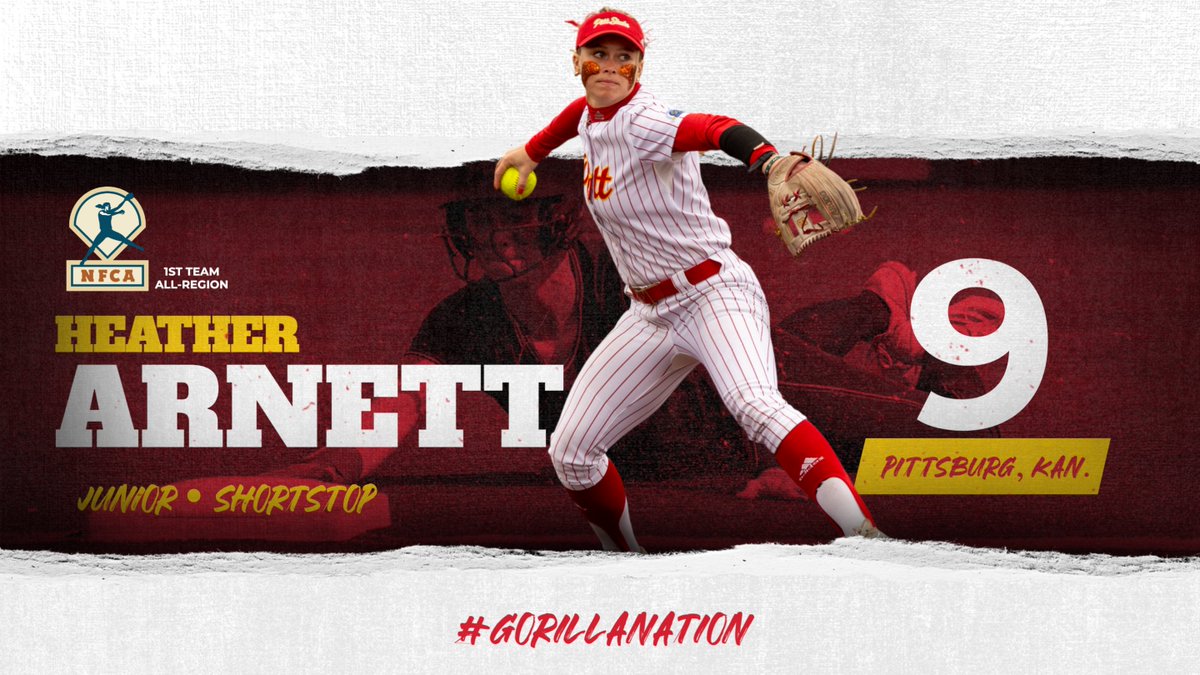 Pitt State Athletics ๐ฆ (@pittstgorillas) on Twitter photo ๐จ1ST TEAM ALL-REGION๐จ
Junior shortstop Heather Arnett is named NFCA 1st team All-Region for Pitt State Softball ๐ฆ๐ฅ
It's Arnett's second straight 1st team All-Central Region selection.
<a href="/Gorilla_SFB/">Pitt State Softball ๐ฅ</a>|<a href="/pittstate/">Pittsburg State</a>|<a href="/NFCAorg/">National Fastpitch Coaches Association</a> ๐จ1ST TEAM ALL-REGION๐จ
Junior shortstop Heather Arnett is named NFCA 1st team All-Region for Pitt State Softball ๐ฆ๐ฅ
It's Arnett's second straight 1st team All-Central Region selection.
<a href="/Gorilla_SFB/">Pitt State Softball ๐ฅ</a>|<a href="/pittstate/">Pittsburg State</a>|<a href="/NFCAorg/">National Fastpitch Coaches Association</a>