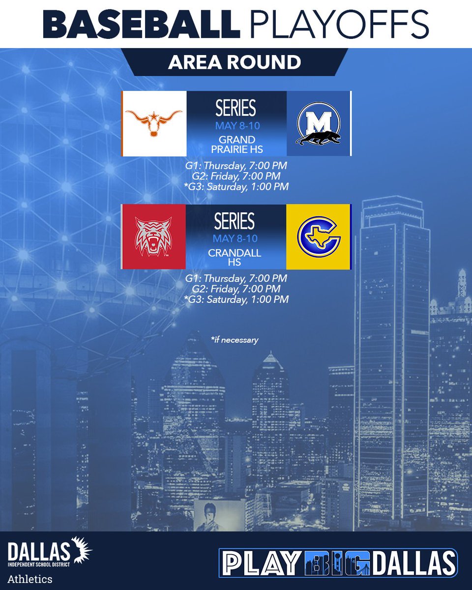 Good luck to W.T. White and Woodrow Wilson in the area round of the UIL baseball playoffs. #PlayBIGDallas

W.T. White vs. Midlothian
Woodrow Wilson vs. Corsicana