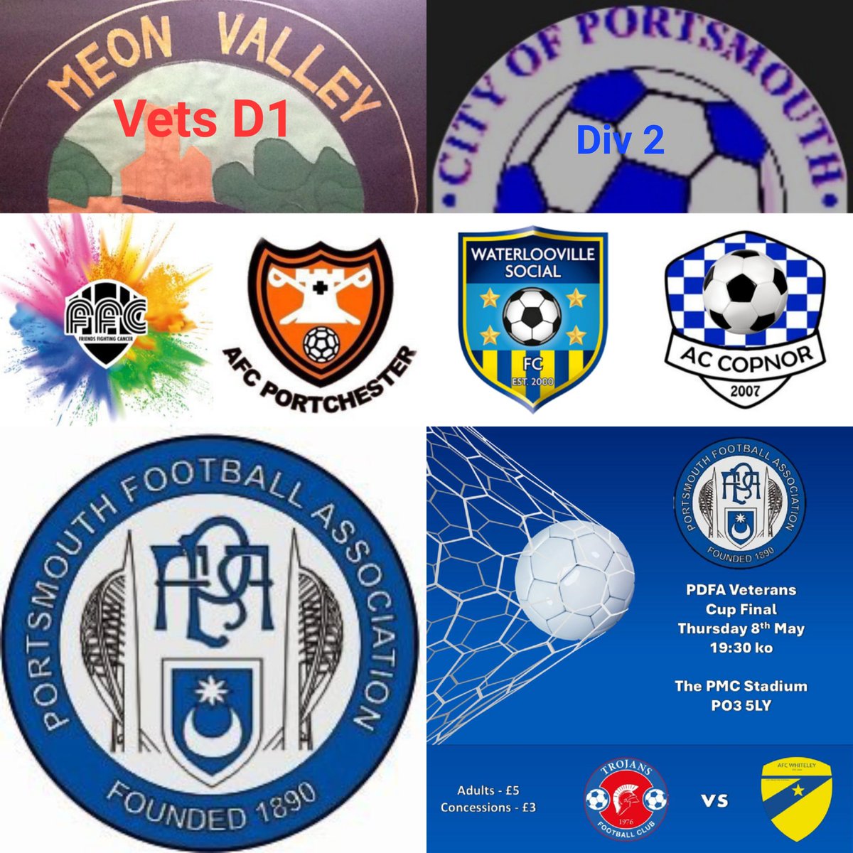 ⚽️ Thurs Matchday ⚽️
  #AnEveningToEnjoy

Due up .. 👏

<a href="/PDFACups/">Portsmouth Divisional Football Association</a> #Vets Final at #PMC 🏟 .. KO 7.30pm
#BarnhamTrojans v <a href="/AFCWhiteley/">AFC Whiteley</a>

<a href="/MeonFL/">Meon Valley Sunday FL</a> Vets D1
<a href="/FFCevents/">Friends Fighting Cancer</a> #Vets v <a href="/portchyvets/">AFC Portchester Vets</a> KO 6.30pm.
.. venue listed for #RugbyCamp 

In <a href="/the_portsmouth/">The City Of Portsmouth sunday League</a> D2
<a href="/VilleSocialFC/">VilleSocialFC</a> v <a href="/accopnor/">A C Copnor</a> KO