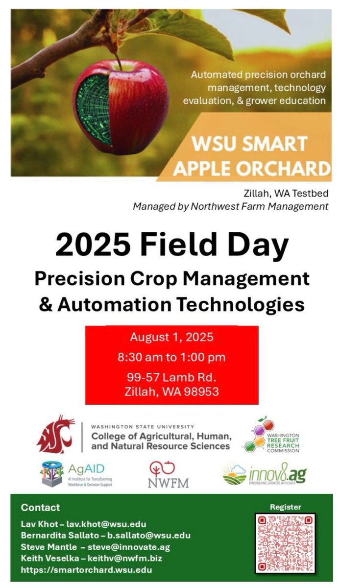 🚨Save the Date!
🍎Smart Apple Orchard Field Day 2: Precision Crop Management &amp; Automation Technologies 
📅 Aug 1 | 8:30am–1:00pm PST
📍 99-57 Lamb Rd, Zillah, WA
💡 Explore cutting-edge tools transforming orchard farming
👉 Register: smartorchard.wsu.edu 
#AgTech #PrecisionAg