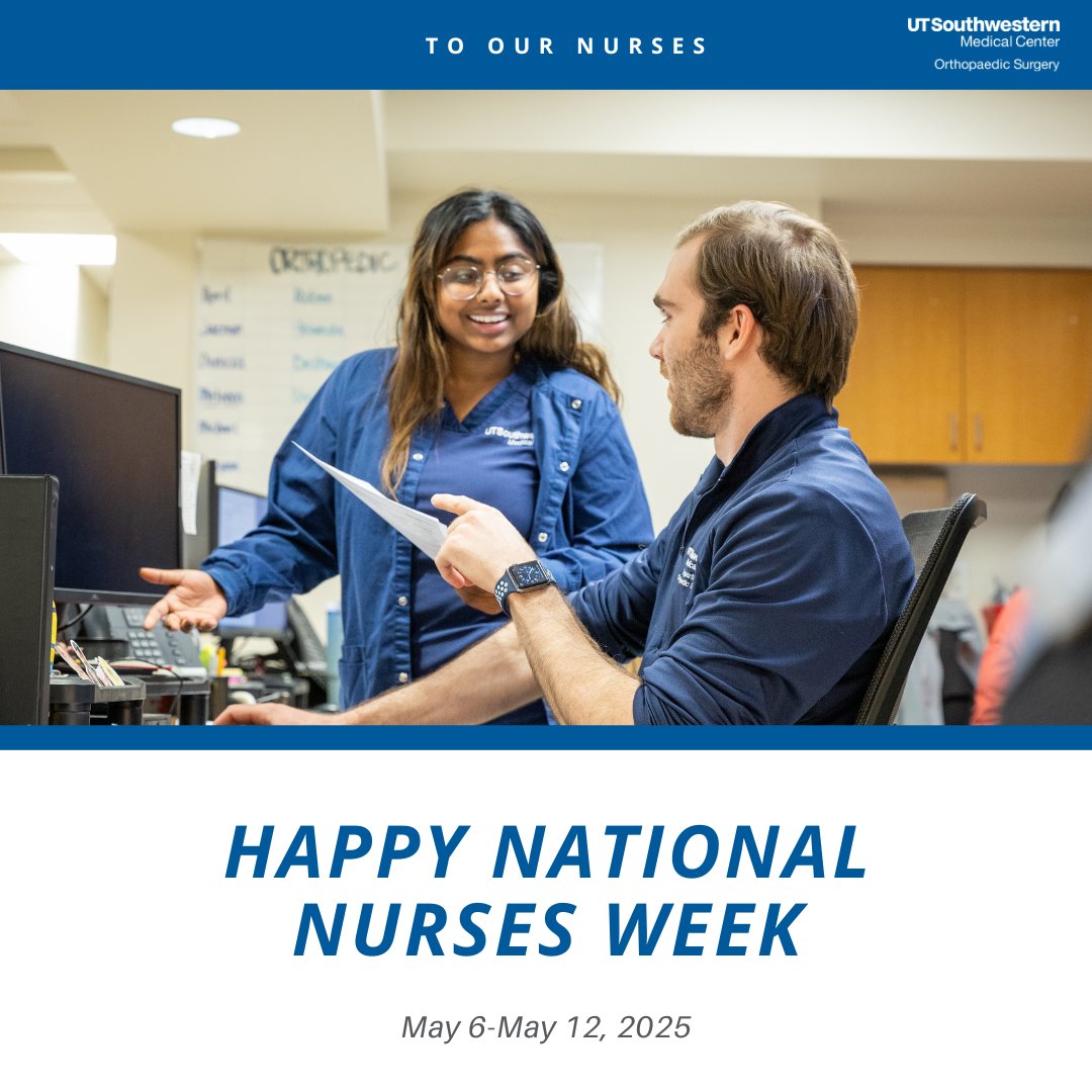 UTSW Orthopaedic Surgery (@utswortho) on Twitter photo It’s #NursesWeek, and we’re celebrating the incredible nurses in <a href="/UTSWMedCenter/">UT Southwestern Medical Center</a> Orthopaedic Surgery!
Your dedication, compassion, and skill make a difference in every patient’s journey.
Thank you for all you do! 💙👏
#UTSWOrtho #ThankANurse It’s #NursesWeek, and we’re celebrating the incredible nurses in <a href="/UTSWMedCenter/">UT Southwestern Medical Center</a> Orthopaedic Surgery!
Your dedication, compassion, and skill make a difference in every patient’s journey.
Thank you for all you do! 💙👏
#UTSWOrtho #ThankANurse