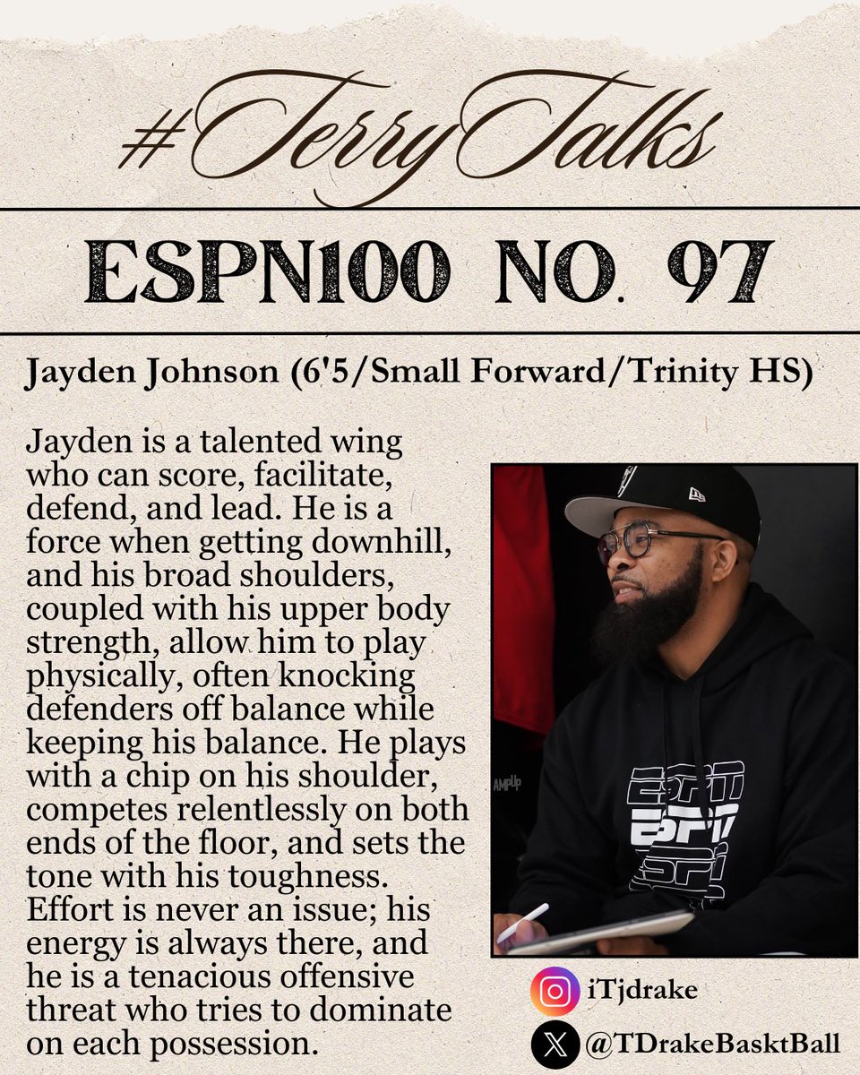 Terry Drake (@tdrakebasktball) on Twitter photo 🚨 #TerryTalks 🚨
Jayden Johnson
ESPN100 No. 97
ESPN Scouting Profile ➡️ insider.espn.com/college-sports…
#PaulBiancardi #ESPN #ESPNRankings <a href="/PaulBiancardi/">Paul Biancardi</a> <a href="/SCNext/">SportsCenter NEXT</a> <a href="/TheUCReport/">Billy Tucker</a> 🚨 #TerryTalks 🚨
Jayden Johnson
ESPN100 No. 97
ESPN Scouting Profile ➡️ insider.espn.com/college-sports…
#PaulBiancardi #ESPN #ESPNRankings <a href="/PaulBiancardi/">Paul Biancardi</a> <a href="/SCNext/">SportsCenter NEXT</a> <a href="/TheUCReport/">Billy Tucker</a>