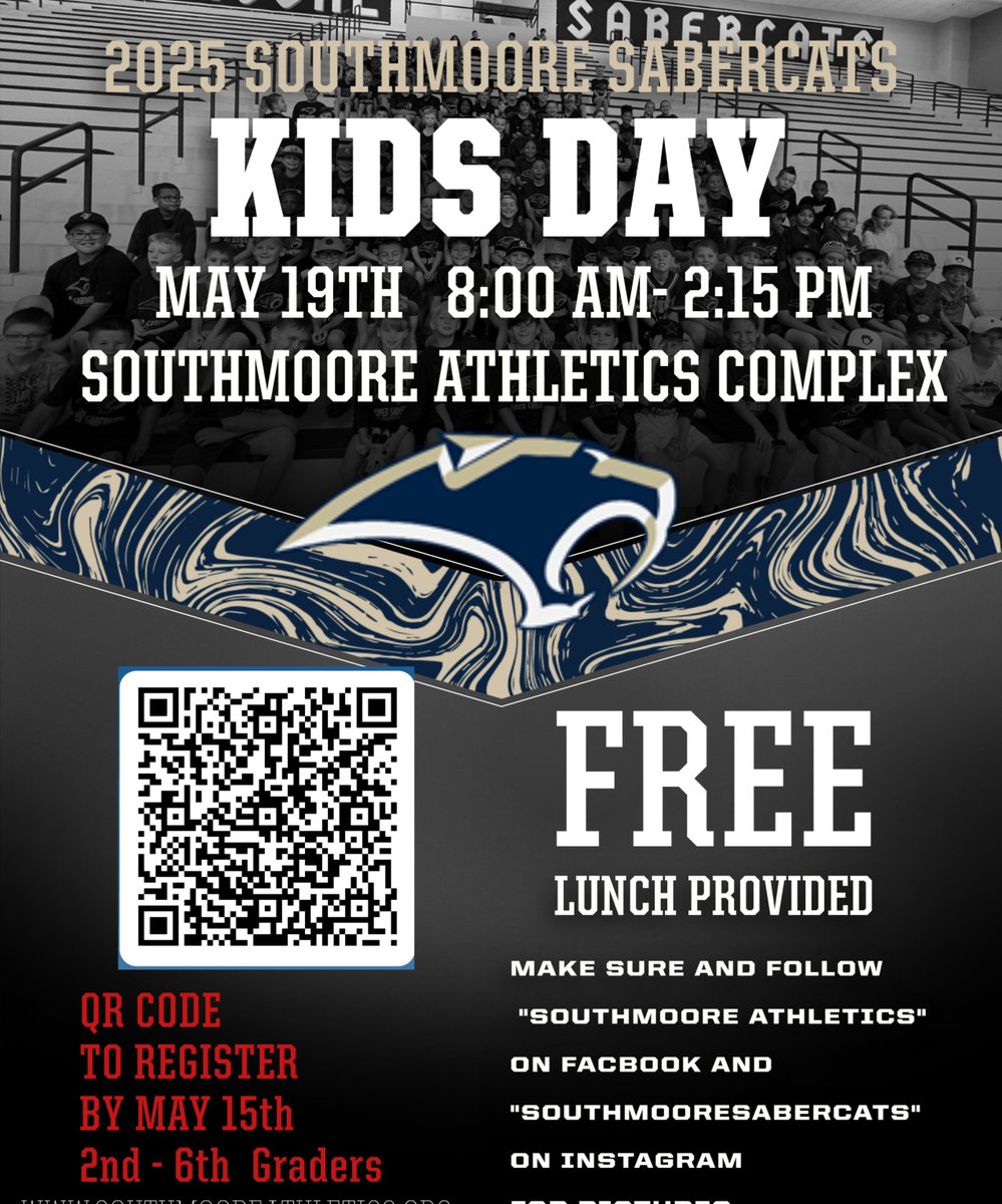 ‼️ Parents of 2nd through 6th graders:
Get ready for Southmoore High School's Annual KIDS DAY! 
🏈⚽🥎🏀🏐⚾ 

Be sure to register by May 15 at their link here: forms.office.com/r/Sj5xksu85m

#mpspride #sabercatpride