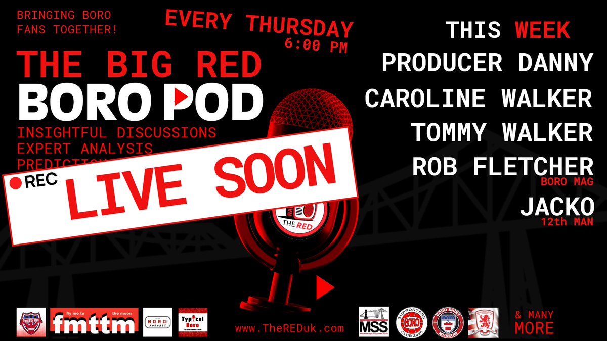 TONIGHT at 6pm is the final Big Red Boro Pod of the season - Producer Danny and Caroline Walker will be joined by Thai Teessider Tommy Walker, The Boro Mag's Rob Fletcher and Middlesbrough Twe12th Man's Jacko

LIVE @ 6 ONLY ON THE RED AND ON FACEBOOK LIVE.