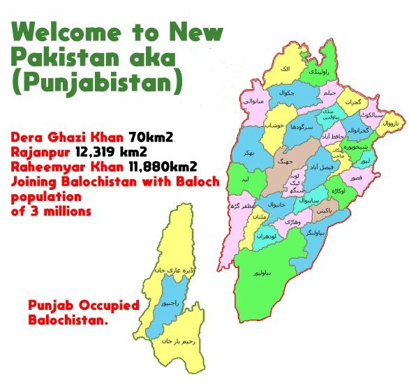 miryar_baloch's tweet image. Possible map of New Pakistan Aka Punjabistan  is getting smaller ,

3 districts of it 
* Dera Ghazi Khan, 
* Rajanpur 
* Rahimyar Khan
Are rejoining Balochistan which were incorporated into Punjab by the Britishers in 1847.
Now Balochistan is closer to India by land.…
