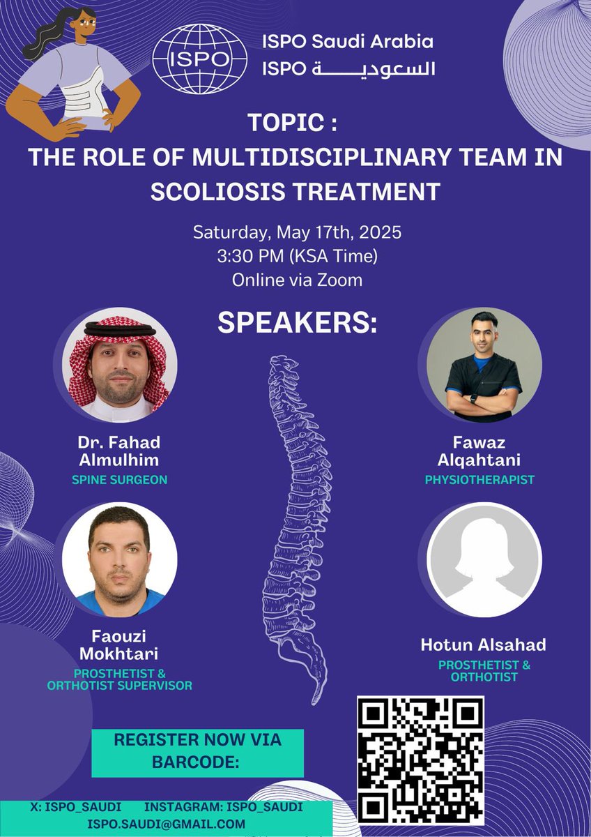 📣 تتشرف الجمعية السعودية للأطراف الصناعية
والأجهزة التقويمية بدعوتكم لحضور محاضرة
بعنوان:

دور فريق التأهيل في معالجة الجنف

🗣️ تقديم مجموعة من المتخصصين المتميزين في التأهيل
🗓️ السبت 17 مايو 2025
⏰ 3:30 مساءً
📍أون لاين

🔗 للتسجيل : forms.gle/KZWa9v34FkLmDP…