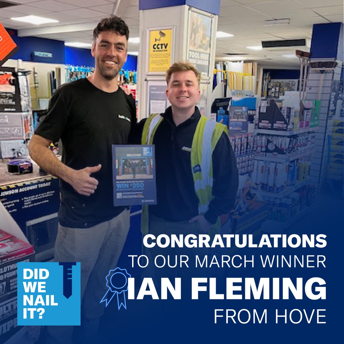 “I’ve never won anything before in my life!”

🎉Congratulations to Ian, our March Did We Nail It winner! 🎉

Toby Westlake our Hove Branch Manager said : “Having one of our customers win a DWNI prize is fantastic, and we can use it to encourage more of our customers to share