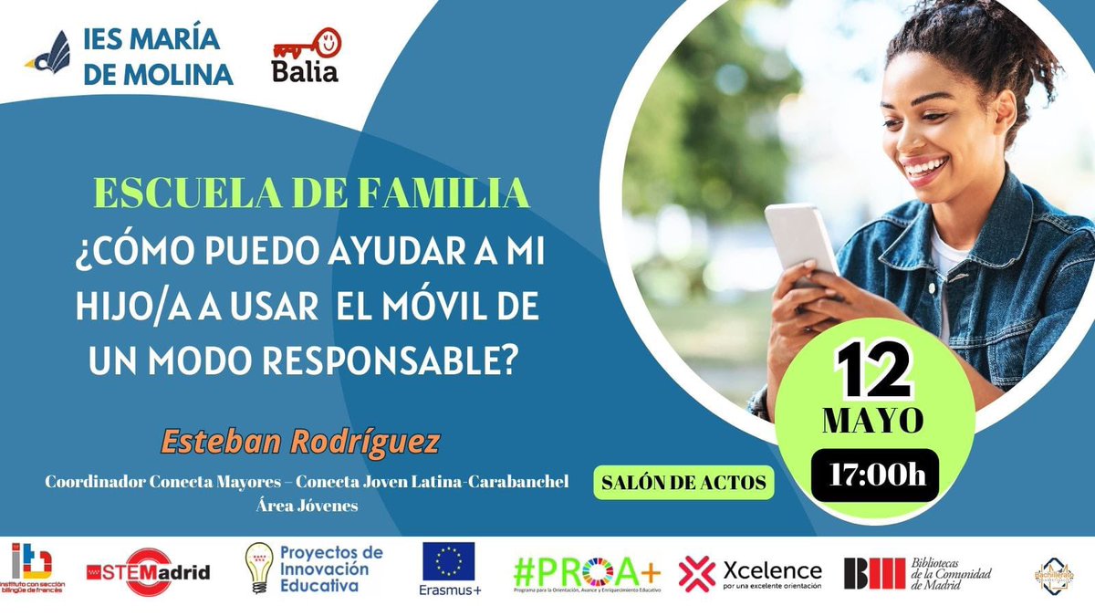 📢¡No te pierdas nuestra próxima Escuela de Familia!
📱¿Cómo ayudar a tu hijo/a a usar el móvil de forma responsable?
🗓12 de mayo
🕔17:00h
📍Salón de Actos – IES María de Molina
🎙️Con Esteban Rodríguez (Conecta Joven Latina-Carabanchel)
✅ Abierto a todo el mundo. ¡Te esperamos!