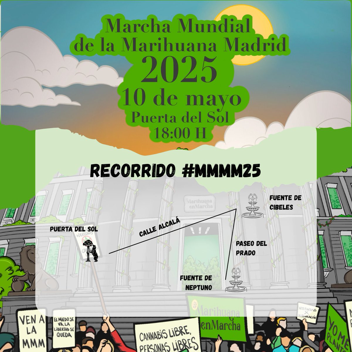 🗓️🌿 Este 10 de mayo, la calle se planta en Madrid 🌿
🛤️ RECORRIDO VERDE:
 🔰 Salida: Puerta del Sol
 ➡️ Calle de Alcalá
 ➡️ Fuente de Cibeles
 ➡️ Paseo del Prado
 🏁 Llegada: Fuente de Neptuno